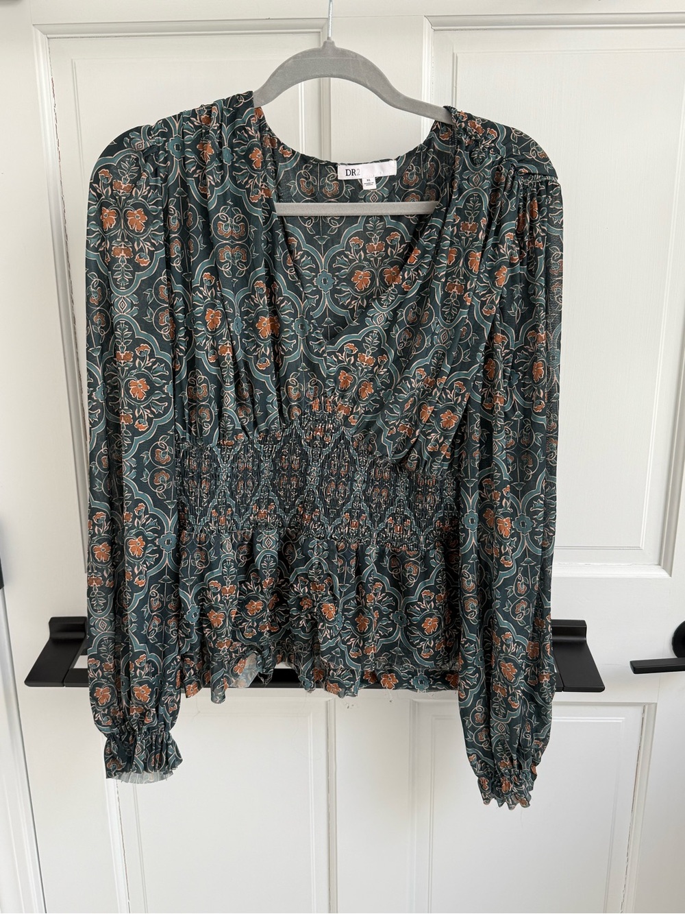 DR2 Teal Green Floral Smocked Peplum Blouse with Rust Accents
